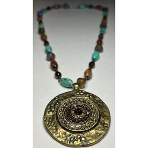 Handmade Red & Blue Beaded Necklace With Copper Slab Pendant And Multicolor Gems